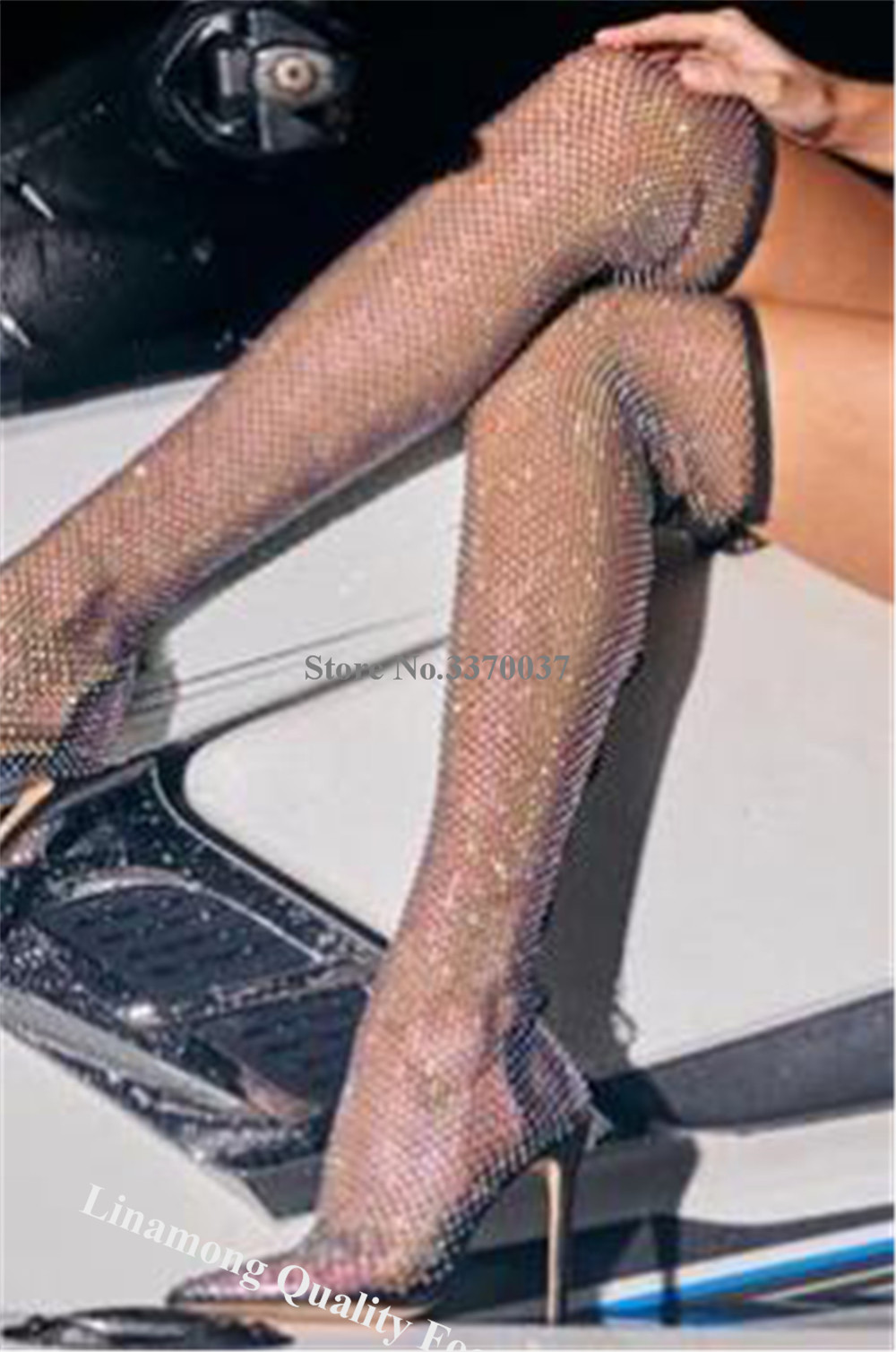 린아몽 라인스톤 메쉬 롱삭 부츠 포인티드 토 엘라스틱  - Knee High Sock Women 리뷰 및 가격