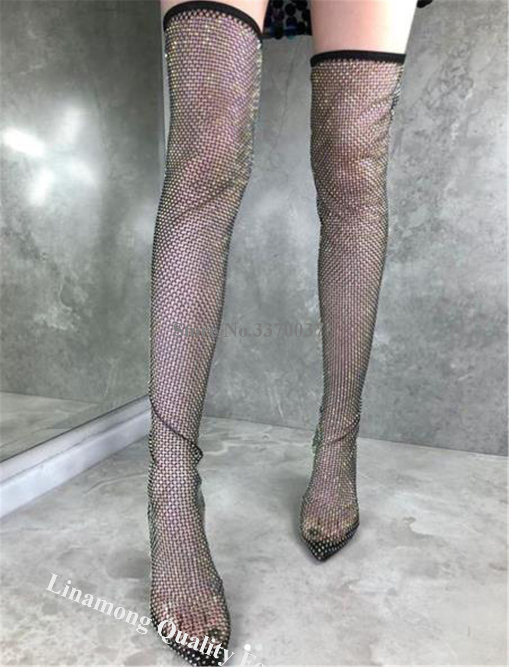 린아몽 라인스톤 메쉬 롱삭 부츠 포인티드 토 엘라스틱  - Knee High Sock Women 리뷰 및 가격