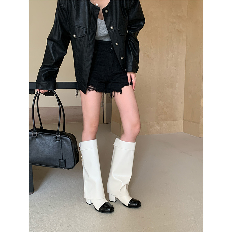 프렌치 스타일 작은 향기로운 라운드 토 컬러 블록 나이 - Knee High Sock Women 리뷰 및 가격